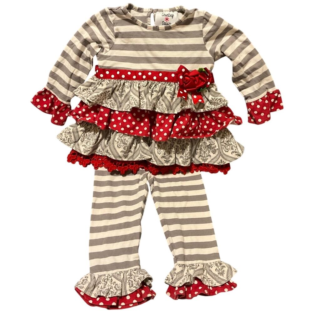 Precious Counting Daisies 24M 2 Piece Ruffle Lace Rose Set Red and Gray
